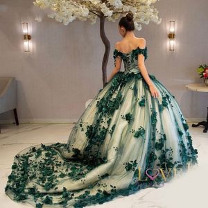 Off-Shoulder Lace-up Mint Green Quinceanera Dresses 3D Flower Tulle Sweet 16 Princess Party Gown