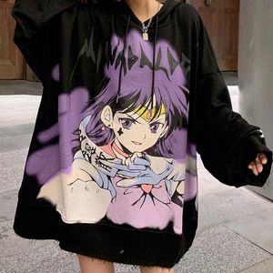 Women's Hoodies & Sweatshirts Deeptown Gothic Streetwear Anime Print Black Oversize Women Harajuku Kawaii Purple Crewneck Sweatshirt Mall Go