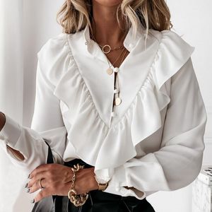 Kvinnor Blusar Ruffle Vit Skjortor Långärmad Solid O-Neck Office Ladies Work Wear Höst Top Blus 2022 Kvinnor