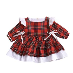 Vestidos de menina inverno natal 1-6y crianças meninas meninas vermelhas xadrez duplo arco de manga longa vestido de manga longa para crianças meninas de Natal