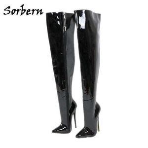 Sorbern Lockable 지퍼 여성용 장화 무릎 뾰족한 발가락 하드 샤프트 숙녀 부티 18cm 높은 뒤꿈치 Stilettos 중반 라인 신발