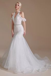 Klassisches Neckholder-Meerjungfrau-Hochzeitskleid, schulterfrei, Tüll, elegantes Brautkleid, Sommer, Spitze, Perlen, weiß, formelles Kleid, lang, Vestidos De Novia CPS1993