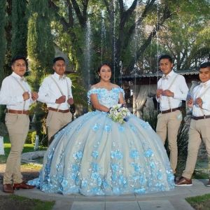 Blue Quinceanera Dresses Beaded With 3D Floral Applique Tulle Ball Gown Straps Sweet 16 Birthday Party Prom Formal Ocn Evening Wear Vestidos 403 403