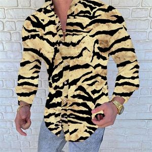 Verão Solta Sleeve Oversize Camiseta Homens Leopardo Tiger Imprimir Lapela Botão Botão Up Blusa Streetwear Sexy Shirts 220322