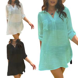 Kvinnors badkläder Kvinnor Fashion-cover-up Mini Dress Solid Color See Through Summer Beach Casual Long Sleeve Lapel Neck Bikini Smock Out