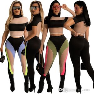 Kadınlar İki Parçalı Pantolon Set 2022 Yeni Moda Mesh Dikiş Kontrast Renkler Kısa Kollu Pantolon Slim Fit Suit