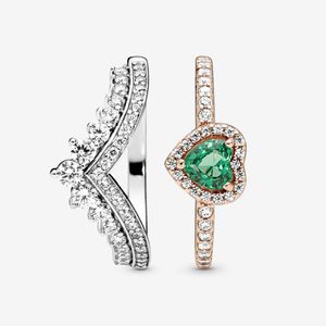 100% 925 Sterling Silver Green Heart Princess Wishbone Stacking Ring Set för Kvinnor Bröllop Ringar Mode Smycken Tillbehör