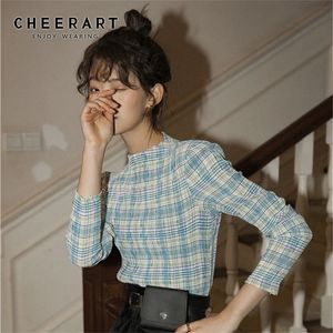 CHEERART Plaid T Shirt Women Permanent Pleat Vintage Long Sleeve Crop Top Tee Shirt Femme Underwear Clothes 210317