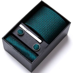 Top Quality 7.5 cm Business Ties Hanky Cufflink Set Tie Clips Green Necktie Corbatas For Men Wedding In Gift Box Slim Gravatas 220810