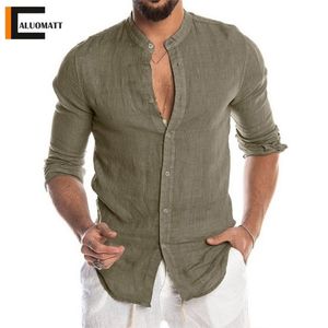 Keten erkek gömlek uzun kollu rahat ince erkekler basit tasarım katı renkler standı yaka bluz gevşek yakışıklı tee 220330