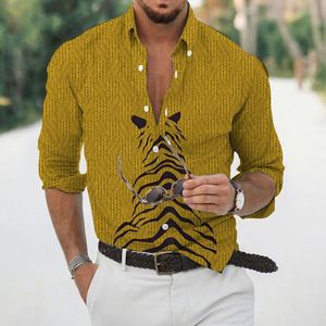 Camisas casuais masculinas Cardigan Tiger Shirt for Men Cotton Animal Anime Spring Spring Vintage Mens para homens
