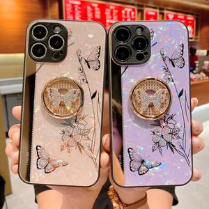 Luxur Mirror Phone Holder Cases Fashion Designer 3D Inlaid Butterfly Mobiltelefonfodral för iPhone 13 11 12 Pro Max 7 8Plus X SE Protector Holder Cover 11