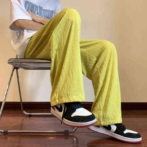 Summer color Pleated Pants Men Fashion Casual Wideleg Ice Silk Pants Mens Japanese Streetwear Loose Straight Trousers Men J220629