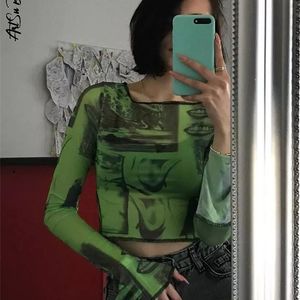 Y2K Mesh Top Kobiety Streetwear Długie Rękaw Graficzny Tee See przez O Neck Slim Anime T-shirt Sexy Crop Odzież 220328