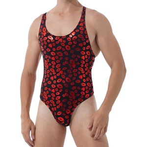 Men's G-Strings 1Pc Men Lip Skull Print Bodysuit Fashion Round Neck Sleeveless High Cut Leotard Sissy Lingerie Swimsuit NightwearMen's