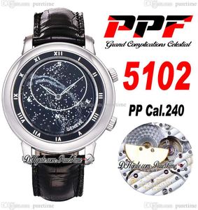 PPF 5102 Göksel Büyük Komplikasyon A240 Otomatik Erkekler İzle 3D Graved Çelik Kılıf Sky Siyah Dial Leahter Strap Süper Edition Puretime PTPP C3