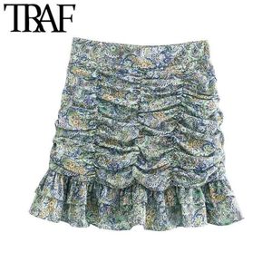 Traf Women Chic Fashion med rufflade veckade tryckta minikjolar Vintage High midja Back Dragkedja Kvinnor Mujer 210331