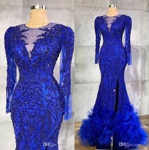 Роскошные королевские голубые русалочные вечерние платья с бисером кристаллы чисты