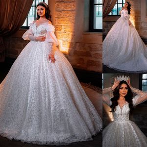 Abito da sposa di lusso da sposa con spalle scoperte, paillettes, pizzo, maniche lunghe, abito da ballo sexy, abito da sposa in raso, abiti da sposa su misura