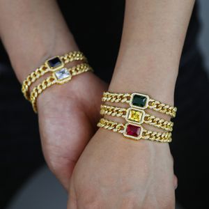 Rectangle Colorful Cubic Zirconia Paved Charm Cuban Chain Bracelet for Women Men Hip Hop Jewelry with Gold Plated Drop Ship