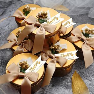 Presentförpackning 30 st / parti guld tenn runda järnblomma band båge godislåda chokladförpackningspåse party leveranser lådor