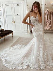 Mermaid New Lace Wedding Dresses Sweetheart Spaghetti Straps Tulle Appliques Court Train Summer Beach Bridal Gowns