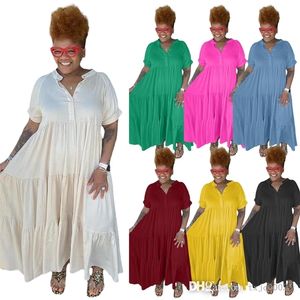 Plus Size Womens Maxi Dress 2022 Summer Loose Short Sleeve A-Line Lapel Button Casual Long Dress Vestido Clothing 5XL