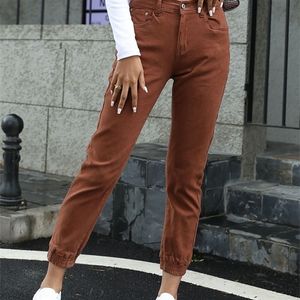 Liooil streetwear algodão elástico elástico marrom jean calças mulheres denim calças com bolsos primavera feminina estiramento sexy jeans 220402