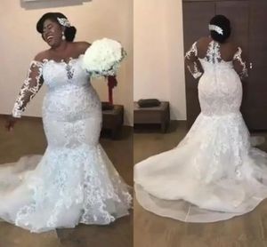 2022 Plus Size Wedding Dresses Bridal Gowns Off Shoulder Sheer Long Sleeves Lace Applique Mermaid Bridal Party African Women Dress