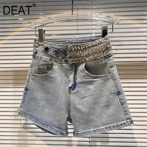 DEAT Women Beading Straight Denim Shorts Solid Color High Waist Fashion Spring Summer 11B787 210709