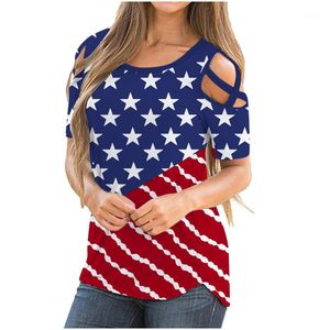 Damen-T-Shirt, Übergröße, amerikanisch, gestreift, grafisch bedruckt, Hoolow Out, USA-Flagge, bedruckt, kurzärmelig, Damen-T-Shirts, Streetwear, Damen-T-Shirt