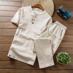Chegada de algodão e linho de algodão e linho Camiseta do tornozelo conjunto de calça de calça de camisa sólida Suits domésticos masculino m 5xl tz30 220621