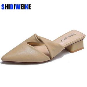 Slippers Women's Summer Casual Black Sole Sexy Style Ladies Shoes Fashion Closed Toe Chunky Thick Heel Pu Leather Mules Slippers 220427