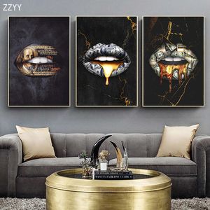 Moderna Golden Lips Dollar Money Luxury Art Canvas Målning Abstract Poster Print Wall Art Bilder för vardagsrum Heminredning