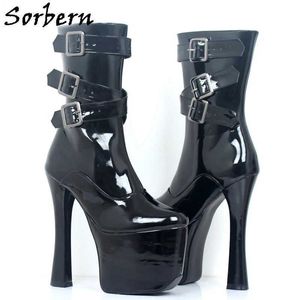 Sorbern 20cm Block Heel Boots Frauen Rot Glänzende Plattformschuhe Knöchel High Booties Unisex Nachtclub Shoe Drag Queen Crossdresser