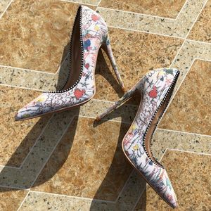 Designer-Women Shoes 2021 New White Graffiti High-heeled Pumps Sexy Net red 12cm Pointed Thin Heel Bottom Womeen Dress Party Shoes Boots Box