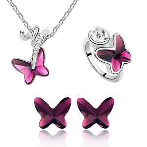 Earrings & Necklace Wholesales Fashion Jewelry Silver Plated Rhinestone Crystal Cute Lovely Butterfly Pendant Necklaces Set For WomenEarring