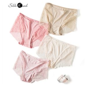 Silviye Three pieces of silk underwear womens mulberry silk lace edge sexy and comfortable buttock free mid waist briefs 201112
