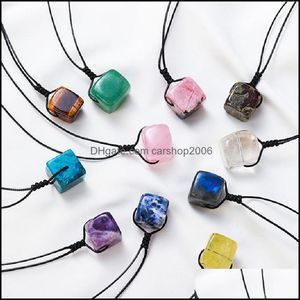 Pendant Necklaces Natural Stone Square Cubic Rose Quartz Crystal Necklace Healing Amethyst Lapis For Women Men Jew Carshop2006 Dhhgk