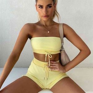 Asia Elastic Clothes Set Summer Fitness 2 Pieces Set Women DrawString Strapless Crop Top and Shorts Jogging Tracksuit Outfits 210331