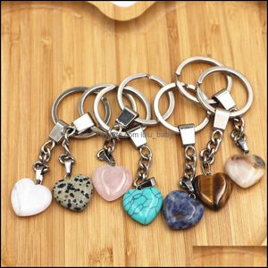 Key Rings Heart Shape Natural Stone Keychains Sier Color Healing Amethyst Pink Crystal Car Decor Keyholder For Wo Baby Dhimn