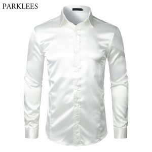 Stylish White Silk Satin Shirt Men Chemise Homme Casual Long Sleeve Slim Fit Mens Dress Shirts Business Wedding Man Shirt 210331