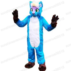 Halloween Blue Long-Haired Husky Dog Mascot Costume Top Quality Cartoon Character Carnival Unisex vuxna storlek Jul födelsedagsfest fancy outfit