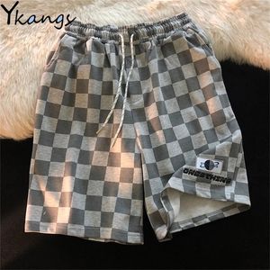 Summer Checkerboard Drawstring High Waist Shorts Korean Fashion Embroidered Women's Wide Leg Shorts Outdoor Loose Sports Shorts 220419