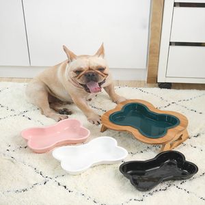 Ceramics Pet Dog Cat Water Eating Bowl For Small Large Dogs Puppy Drinking Feeder Supplies Bone Shape With Wooden Stand Y200917