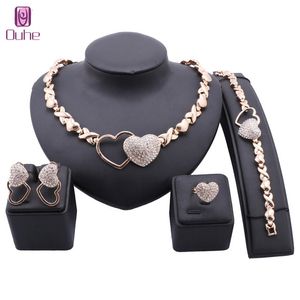 Wholesale bridesmaid jewelry sets resale online - Women Exquisite Gold Wedding Bridesmaid Crystal Double Heart Necklace Earrings Bracelet Ring Party Costume Jewelry Set