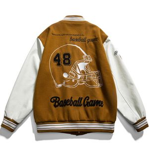 Hat Pattern Embroidery Varsity Bomber Jacket Men and Women Baseball Uniform Retro College Patchwork Leather Sleeve OutCoat Brown 220805