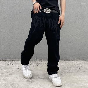 メンズパンツファッション黒ストリート Y2K メンズ刺繍ローライズだぶだぶのジーンズのズボンストレートヒップホップデニム男性服メンズ Drak22