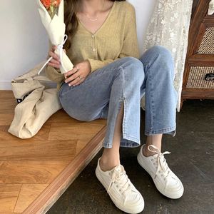INS harajuku Vintage Girl Style Simple Split calças queimadas outono Moda coreana Loja cintura alta jeans feminino casual 210608