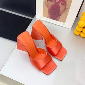 Luxury Designer silk square head women's slippers thick heels comfortable fashion summer shoes 10cm sandals high heels original boxed transportation